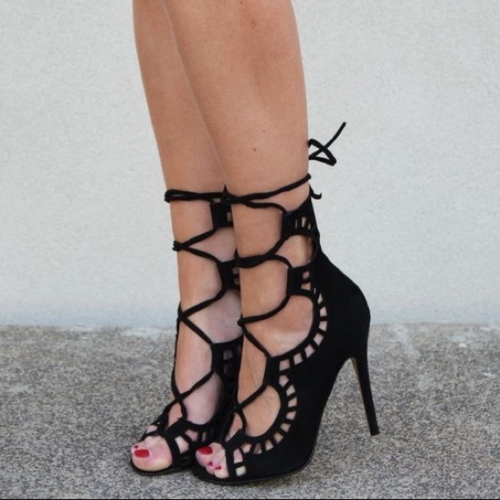 Faux Suede Suedette Lace Up Laser Cutout Cut Out Heels Booties